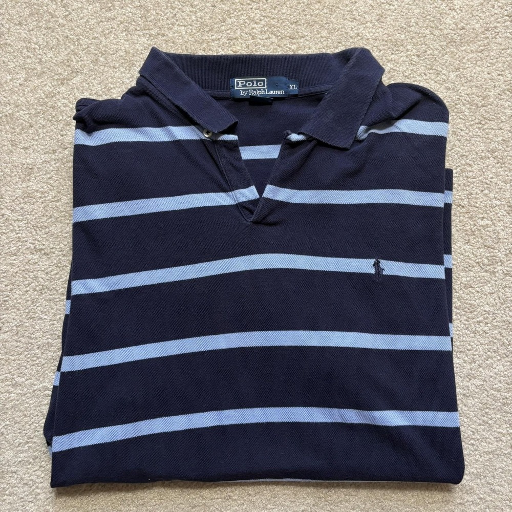Vtg Polo by Ralph Lauren Shirt Loop Collar Men XL Navy Striped Pique Cotton Pony